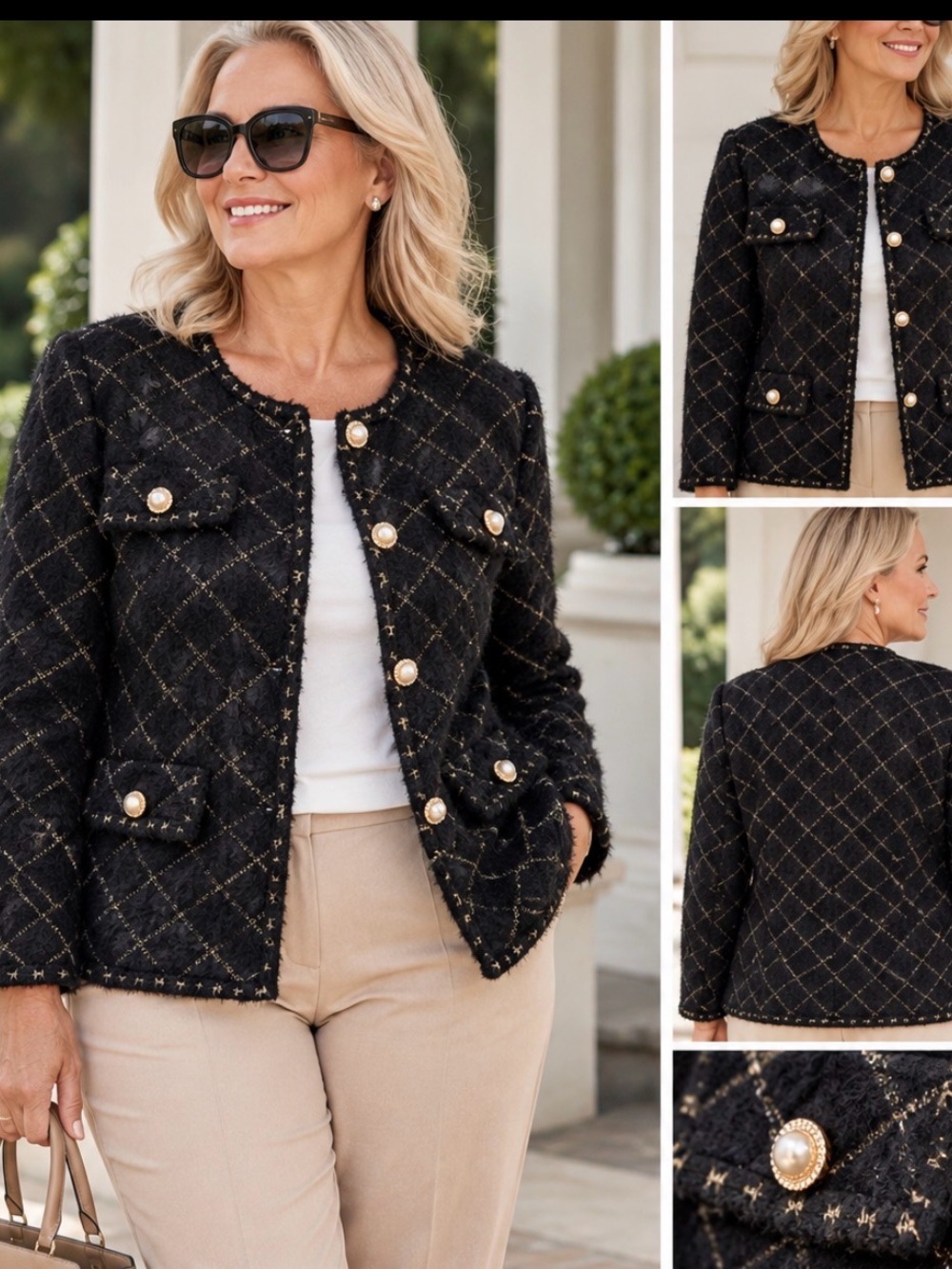 RIHOAS Black Gold Plaid Tweed Jacket Pearl Buttons Size F -Large Chic Classic